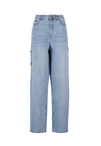 Light blue denim trousers with a high waist, wide legs, side pockets, and a clean finish. Features subtle fading and sturdy stitching.