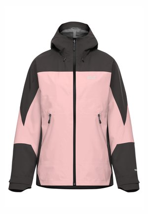 Veste imperméable bicolore avec capuche, fermeture éclair sur le devant, poches latérales zippées, poignets ajustables, en rose et gris foncé.