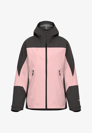 Veste imperméable bicolore avec capuche, fermeture éclair sur le devant, poches latérales zippées, poignets ajustables, en rose et gris foncé.