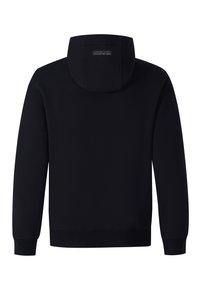 Schwarzer Kapuzenpullover mit einem einfachen Design, gerippten Bündchen und Saum sowie einem Etikett an der Rückseite der Kapuze. Glatte Stofftextur.