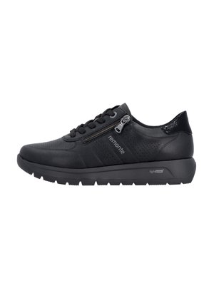 Black leather sneaker with side zipper, laces, textured sole, and "remonte" branding on the side, designed for casual wear.