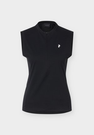 Μαύρο αθλητικό τοπ χωρίς μανίκια με ψηλό γιακά, φερμουάρ μπροστά και μικρό λευκό λογότυπο στο αριστερό στήθος, εμφανίζεται σε ουδέτερο φόντο.