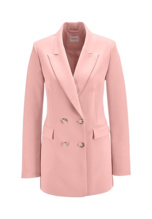 Rosa doppelknöpfige Blazerjacke mit Reverskragen, ausgestattet mit zwei seitlichen Taschen und großen, cremefarbenen Knöpfen. Glatte Stoffoberfläche.