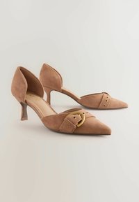 Nackte Wildleder-High Heels mit spitzem Zehenbereich, dekorativem Riemen mit einer goldenen, runden Schnalle und schmalem Stiletto-Absatz.