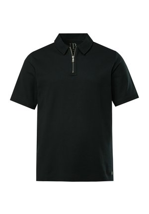 Schwarzes Polo-Shirt aus strukturiertem Stoff mit kurzen Ärmeln und einem Reißverschlusskragen. Auf der Innenseite befindet sich ein dezentes Markenlogo.