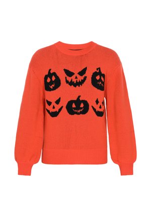 Maglione arancione lavorato a maglia con volti di zucche nere in diverse espressioni. Il design include un collo rotondo e una vestibilità morbida con polsini a coste.