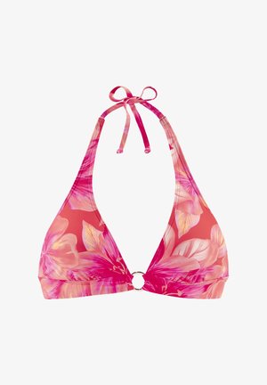 Blumenbikini-Oberteil mit einem Farbverlauf von Pink und Rot, dreieckiger Form, Halterbändern und einem runden METALLAKZENT im Zentrum.