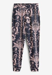 Námornícke legíny s ružovým kvetinovým a špirálovým paisley vzorom, vyrobené z hladkého materiálu s elastickým pásom a zúženým strihom.