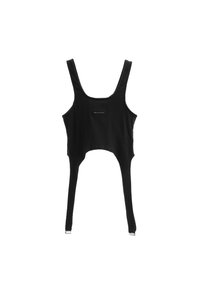 Top corto negro sin mangas con tirantes anchos, escote en forma de barco y material elástico. Presenta una pequeña etiqueta en la parte frontal y un diseño para un ajuste ceñido.