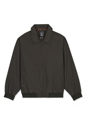 Veste zippée vert olive foncé avec col, poignets et ourlet élastiques, poches latérales inclinées et petit logo sur la poitrine gauche.