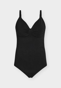 Μαύρο ολόσωμο μαγιό με ρυθμιζόμενους ιμάντες στους ώμους και ρυτιδωτή λεπτομέρεια στο μπούστο, εμφανίζεται σε απλό ανοιχτό φόντο.