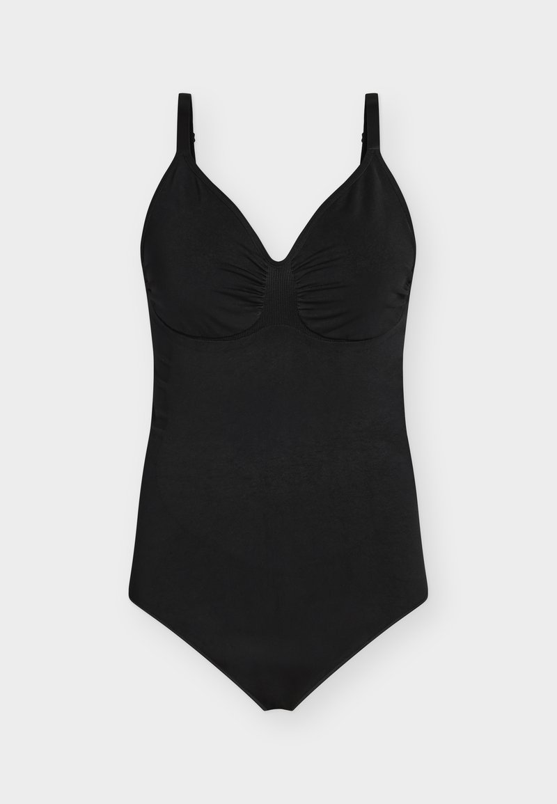 Μαύρο ολόσωμο μαγιό με ρυθμιζόμενους ιμάντες στους ώμους και ρυτιδωτή λεπτομέρεια στο μπούστο, εμφανίζεται σε απλό ανοιχτό φόντο.