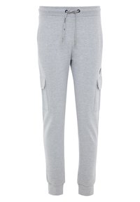 Grå bomulls-sweatpants med elastisk midjeband, justerbar dragsko, avsmalnande muddar och två sidofickor med lock. Mjuk textur.