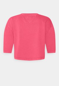 Långärmad V-ringad topp i livfull rosa bomull. Har vida ärmar och en avslappnad passform, med en mjuk textur och färdiga fållar.