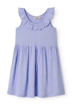 Robe sans manches violet clair pour tout-petit avec un col à volants et une jupe froncée, en tissu côtelé.