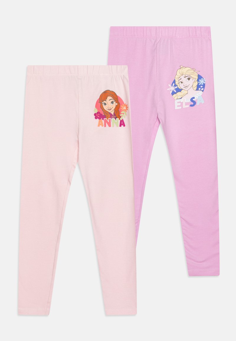 Divas divas legingi, viens gaiši rozā ar "Anna" un varoņu attēlu, otrs gaiši violetais ar "Elsa" grafiku, elastīgām jostasvietām.
