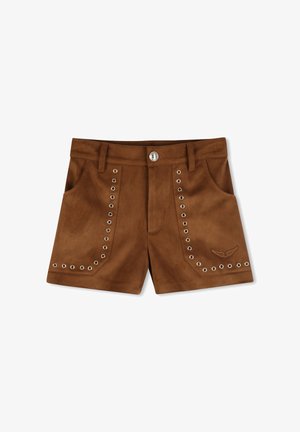 Shorts en daim marron avec des œillets argentés délimitant les poches avant et un petit emblème en forme d'aile sur la poche droite.