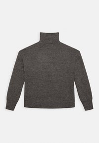 Sweater de gola alta em cinza escuro, feito de um material de malha suave, com mangas longas e punhos e bainha em canelado para uma textura adicional.