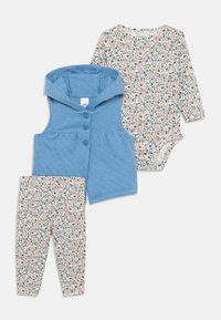 Blå quiltet ærmeløs hettevest med knapper, blomster-mønstret langermet bodysuit og matchende blomster-mønstret leggings for baby.