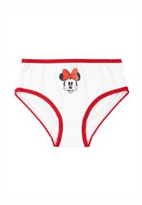 Cotone bianco per biancheria intima con bordi rossi, con un'immagine stampata in bianco e nero del viso di Minnie Mouse con un fiocco rosso al centro.