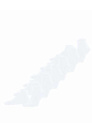 Weiße Knöchelsocken, die in einem Gradient angeordnet sind, mit einem gerippten Bündchen und einem glatten Körper, ohne Muster oder zusätzliche Details.