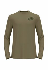 Langärmliges Shirt in Olivgrün, mit rundem Ausschnitt und minimaler Textur. Der Druck auf der linken Brust lautet "DA GIBT ES NOCH MEHR DA DRAUSSEN" in Dunkelgrün.