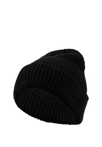Black knitted beanie hat with a textured ribbed pattern, tapered shape, and a rolled cuff design, creating a snug fit.