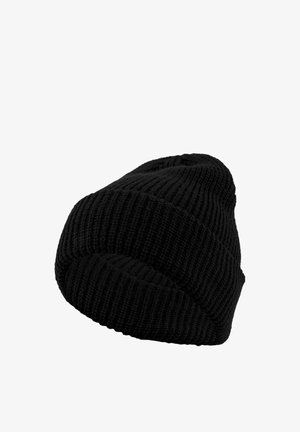 Sort strikket beanie-hat med en tekstureret ribbet mønster, tapered form og et rullet manchet-design, der skaber en tætsiddende pasform.
