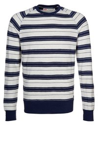 Felpa grigia chiara con righe orizzontali blu navy, scollo a girocollo, polsini e orlo a costine. Realizzata in morbido tessuto misto cotone.