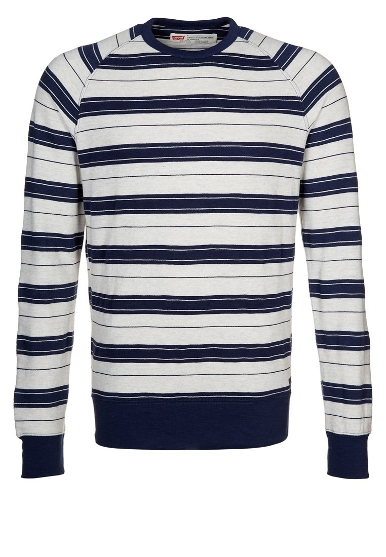 Felpa grigia chiara con righe orizzontali blu navy, scollo a girocollo, polsini e orlo a costine. Realizzata in morbido tessuto misto cotone.