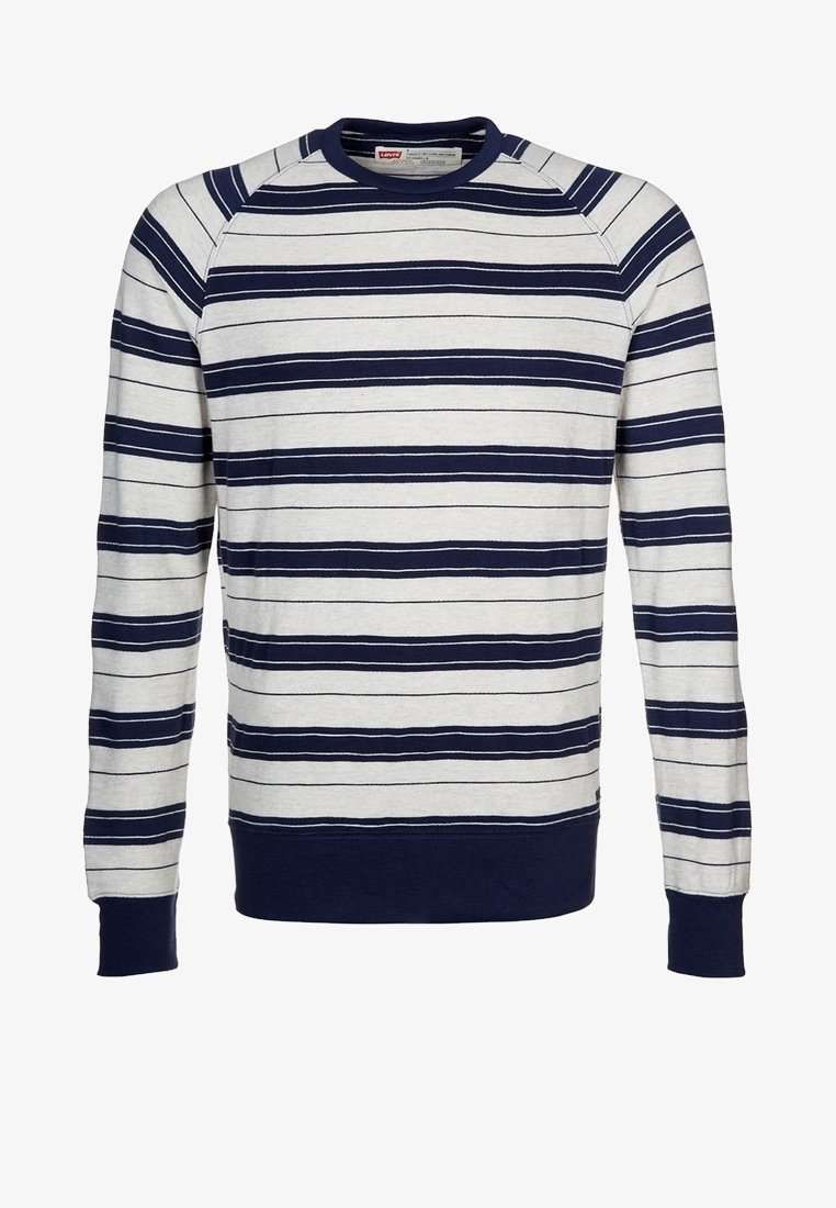 Felpa grigia chiara con righe orizzontali blu navy, scollo a girocollo, polsini e orlo a costine. Realizzata in morbido tessuto misto cotone.