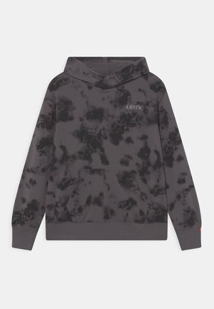 Sweat à capuche tie-dye gris en mélange de coton, doté d'une poche avant kangourou, de poignets côtelés et d'un petit logo gris. Texture douce.