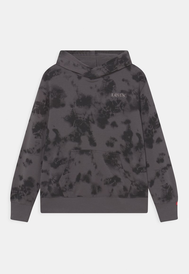 Sweat à capuche tie-dye gris en mélange de coton, doté d'une poche avant kangourou, de poignets côtelés et d'un petit logo gris. Texture douce.