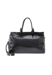 Schwarze Lederhandtasche mit zwei kurzen Griffen und abnehmbarem Schultergurt, glatte Textur, minimalistisches Design und dezentes Logo-Detail.