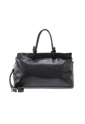 Borsa nera in pelle con doppio manico corto e tracolla removibile, texture liscia, design minimalista e discreto dettaglio del logo.