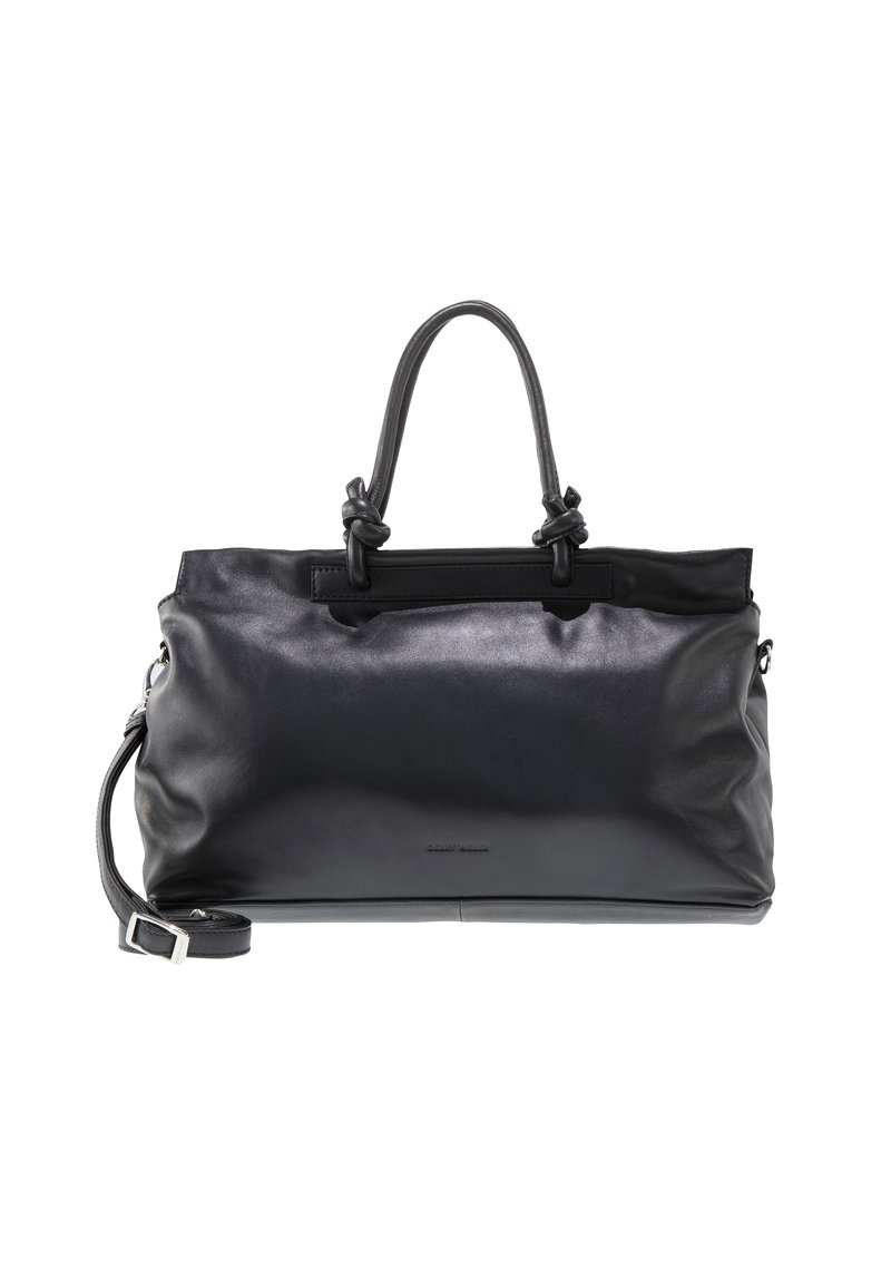 Schwarze Lederhandtasche mit zwei kurzen Griffen und abnehmbarem Schultergurt, glatte Textur, minimalistisches Design und dezentes Logo-Detail.