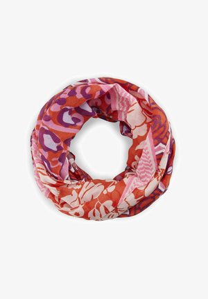 Écharpe circulaire ornée de motifs floraux vibrants dans des tons de rouge, rose et violet, fabriquée en tissu léger et doux avec une texture lisse.