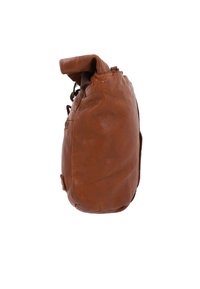 Brown leather bag with a rounded shape, textured surface, and a rolled top. Features a side pocket and adjustable straps.