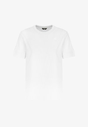 T-shirt bianco in cotone con maniche corte, collo rotondo e un logo discreto sul petto. Tessuto liscio, vestibilità classica e design minimal.
