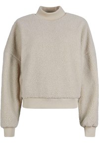 Cremfarbener Fleece-Pullover mit hohem Stehkragen, überschnittenen Schultern sowie gerippten Bündchen und Saum. Sanfte, strukturierte Oberfläche.