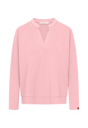 Lichtroze sweatshirt met lange mouwen, voorzien van een V-hals met uitsparing en een subtiele, reliëf gemaakte merknaam "FRIEDA" bij de halslijn.