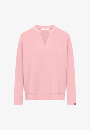 Lichtroze sweatshirt met lange mouwen, voorzien van een V-hals met uitsparing en een subtiele, reliëf gemaakte merknaam "FRIEDA" bij de halslijn.