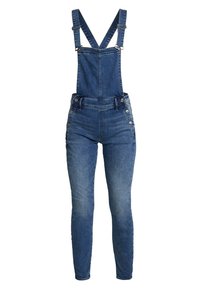 Denimöveraller har justerbara axelremmar, en framficka och sidoknappar. Tyget  är blått med en urtvättad textur och en figurnära passform.