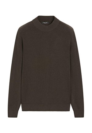 Brązowy dzianinowy sweter z wysokim, prążkowanym kołnierzem, długimi rękawami i fakturowanym wykończeniem. Prosty design bez wzorów i dodatków.