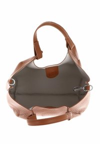 Borsa a tracolla in pelle di colore beige con apertura rotonda, cinturini regolabili e interno liscio. Accenti in metallo argentato all'interno.