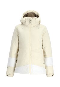 Beige Pufferjacke mit Kapuze, ausgestattet mit kontrastierenden weißen Einsätzen, diagonalen Nähten, Reißverschluss und verstellbaren Kordelzügen.