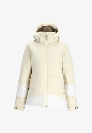 Beige Pufferjacke mit Kapuze, ausgestattet mit kontrastierenden weißen Einsätzen, diagonalen Nähten, Reißverschluss und verstellbaren Kordelzügen.