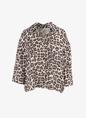 Weit geschnittenes Hemd zum Knöpfen mit braunem und schwarzem Leopardenmuster und einer einzelnen Brusttasche, aus strukturiertem Stoff.