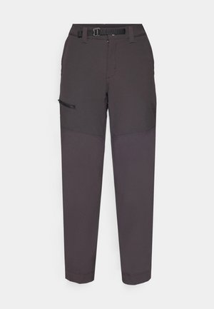 Pantaloni cargo grigio scuro realizzati in un tessuto leggero, con una cintura resistente, zip frontale e tasca laterale con patta in Velcro.