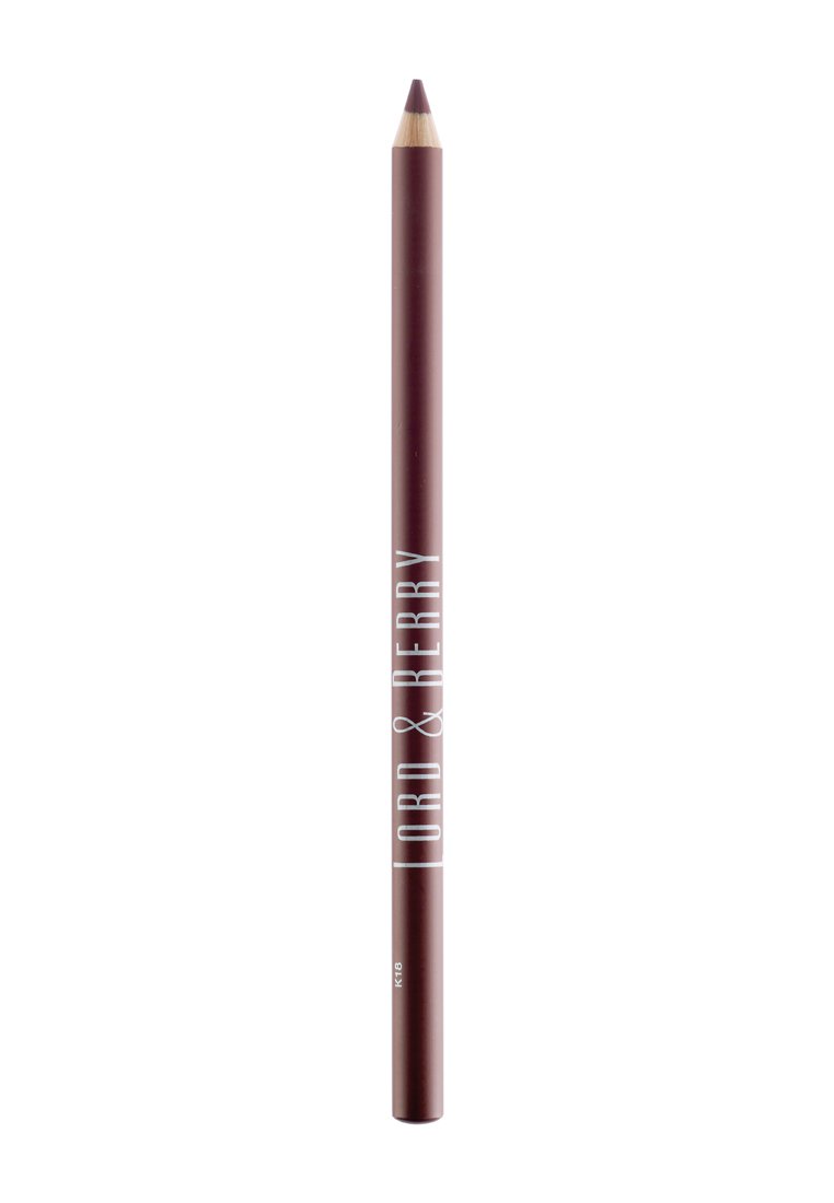 Matita per labbra bordeaux con punta affilata, con un'etichetta bianca del marchio "LORD & BERRY" lungo il lato. Texture in legno liscia.